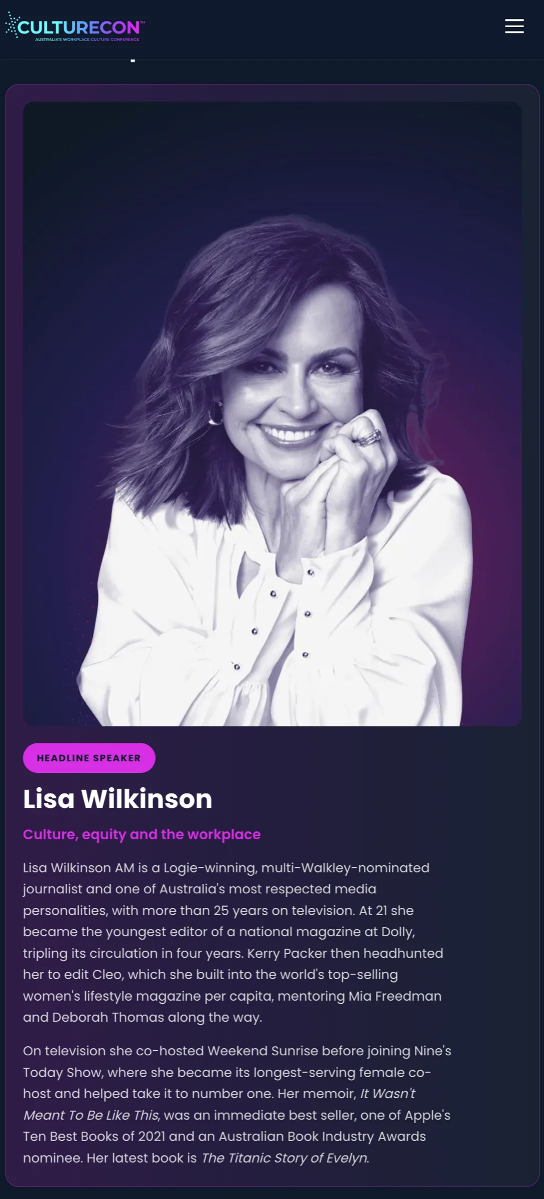 CultureCon™ on mobile — headline speaker Lisa Wilkinson