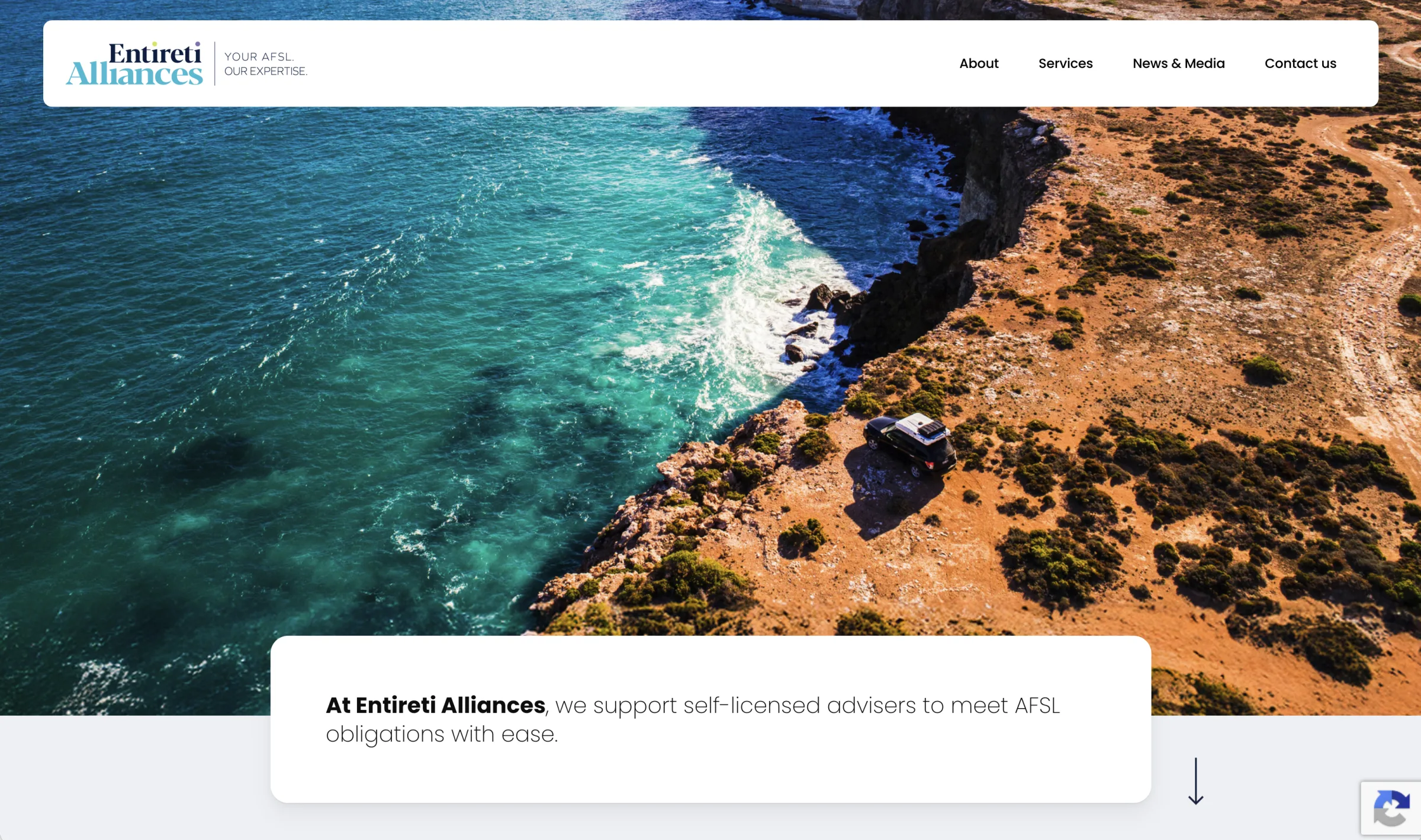 Entireti Alliances AFSL services website — coastline homepage hero
