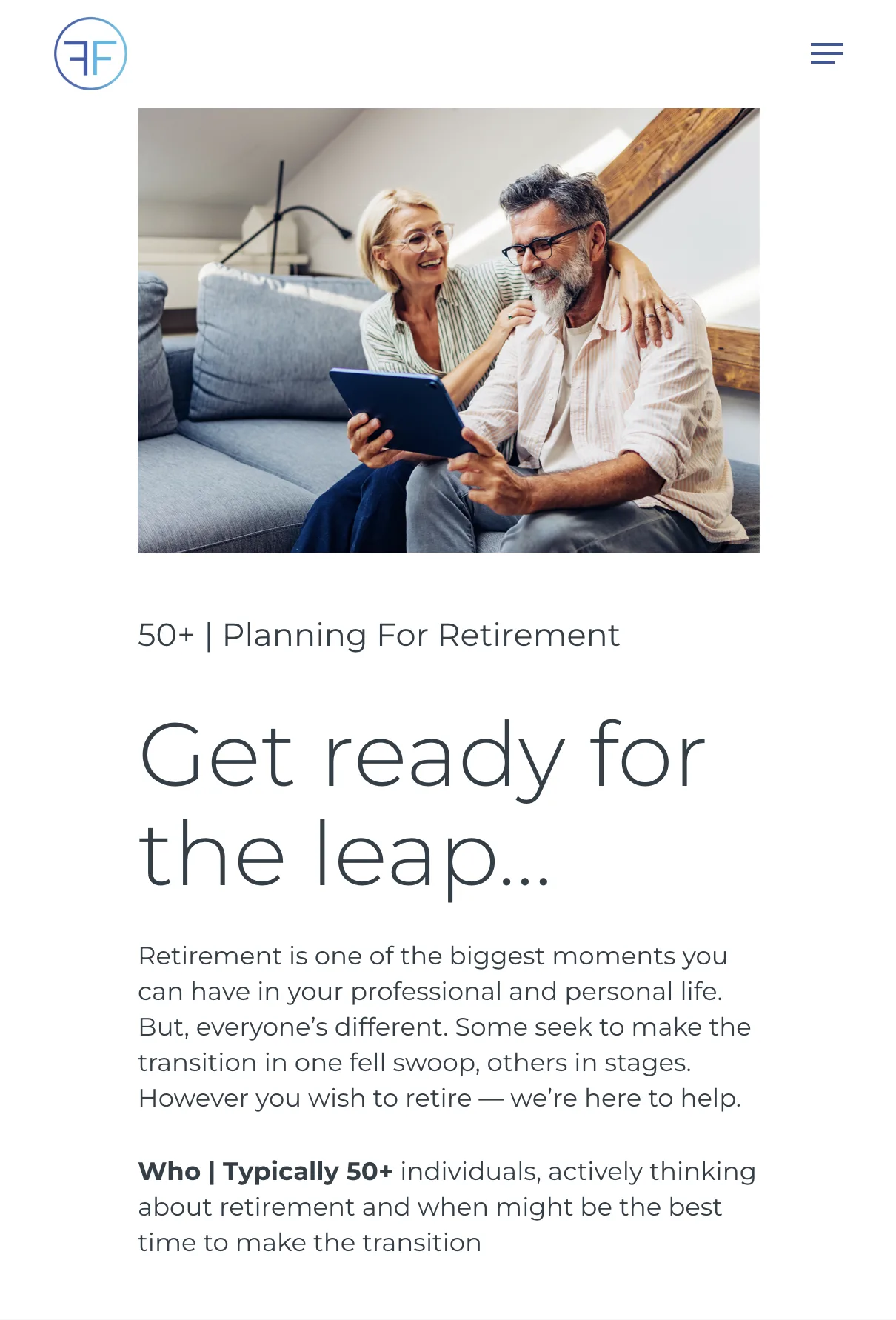 Ferguson Financial adviser website — mobile, planning for retirement