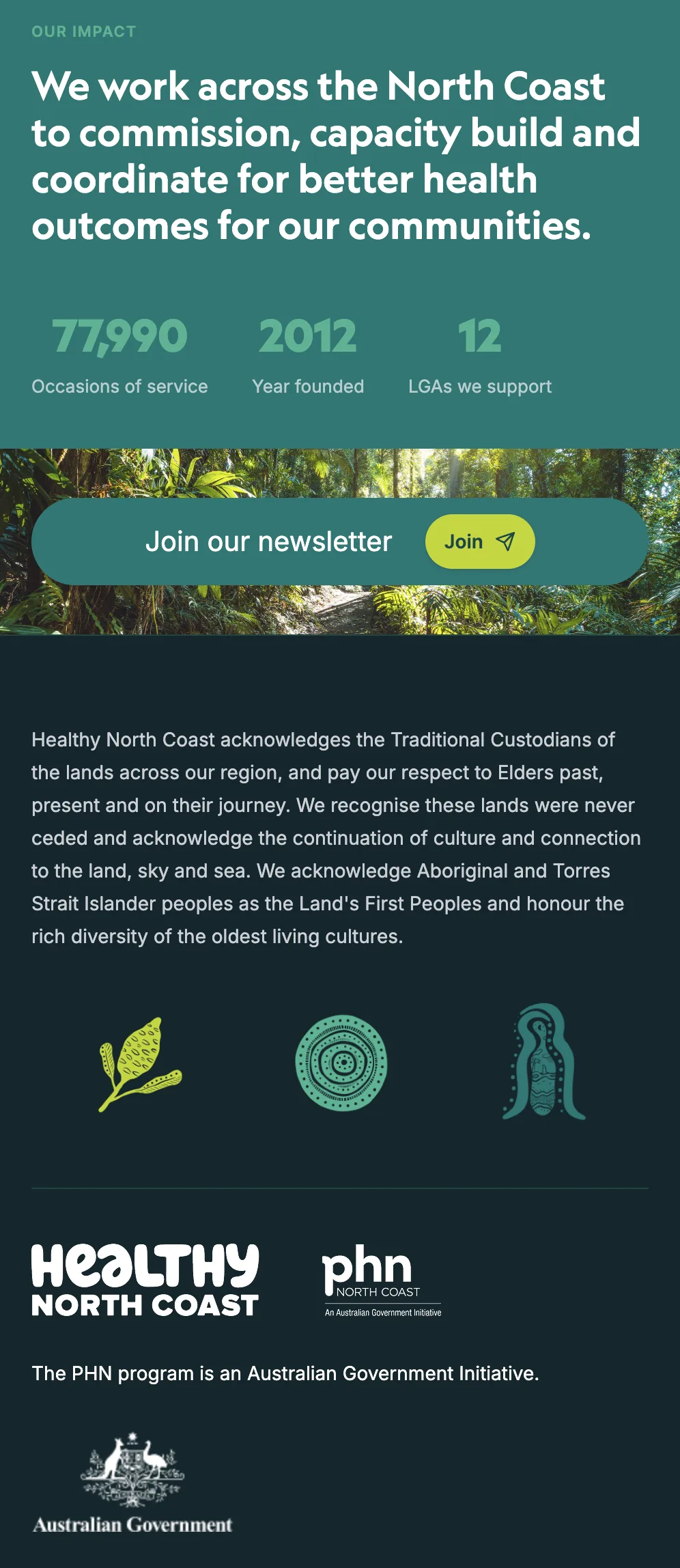 Mobile homepage — newsletter and Acknowledgement of Country