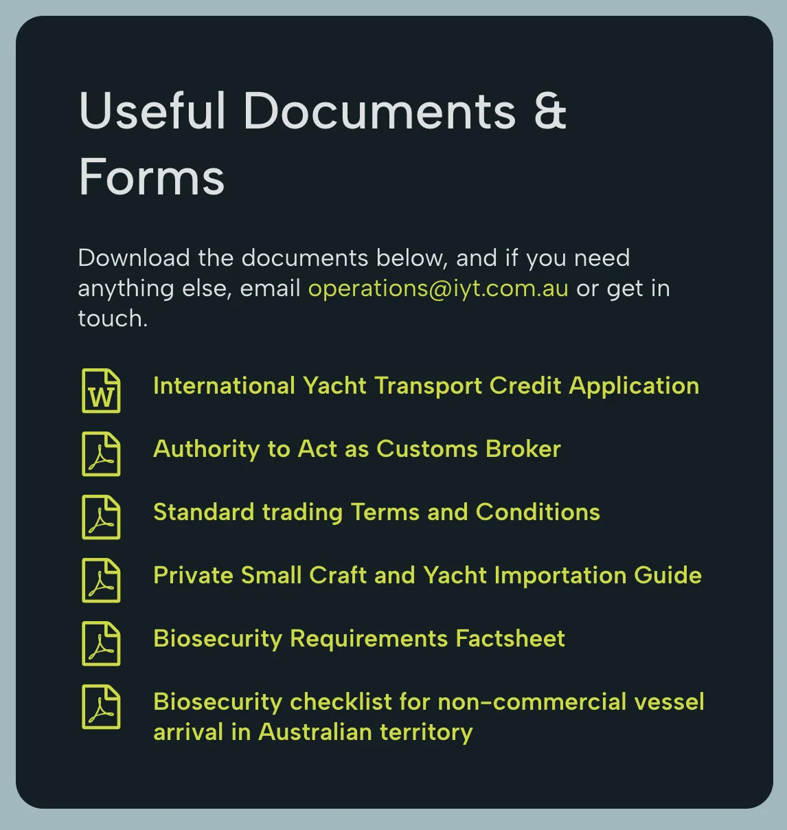International Yacht Transport website — useful documents and forms