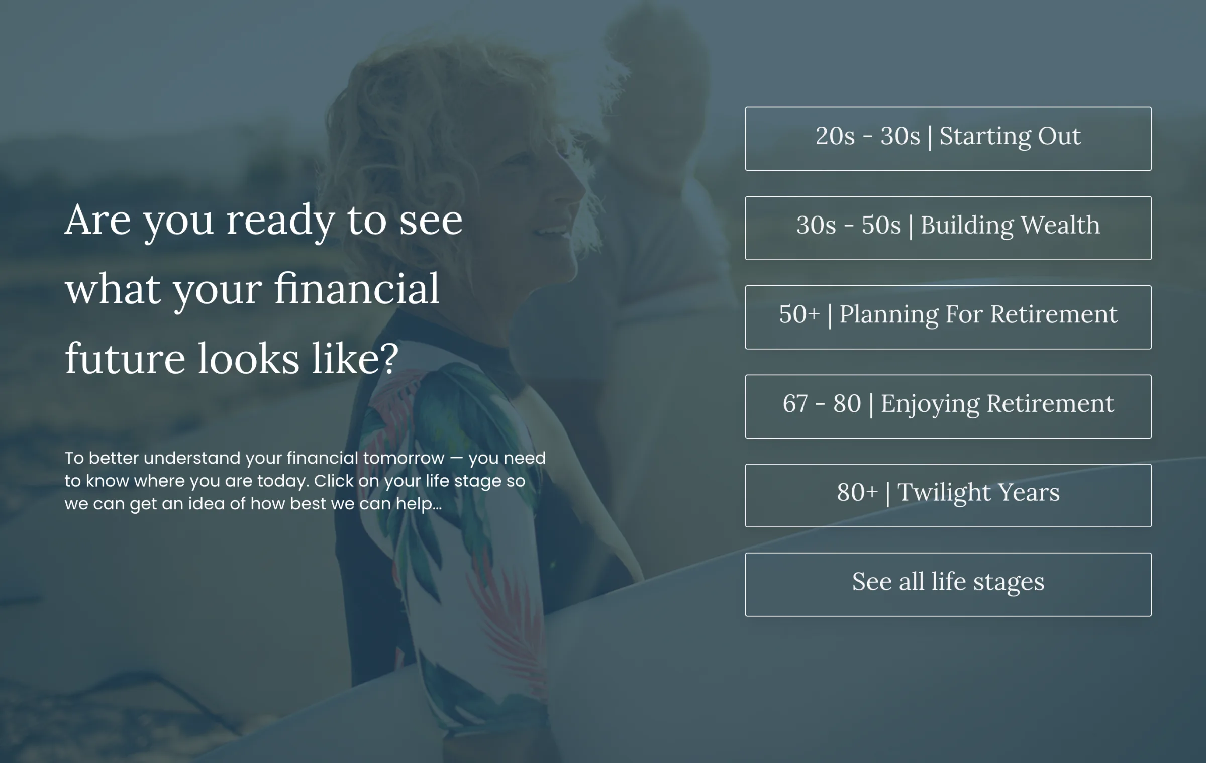 Three Chairs Financial website — what does your financial future look like, by life stage