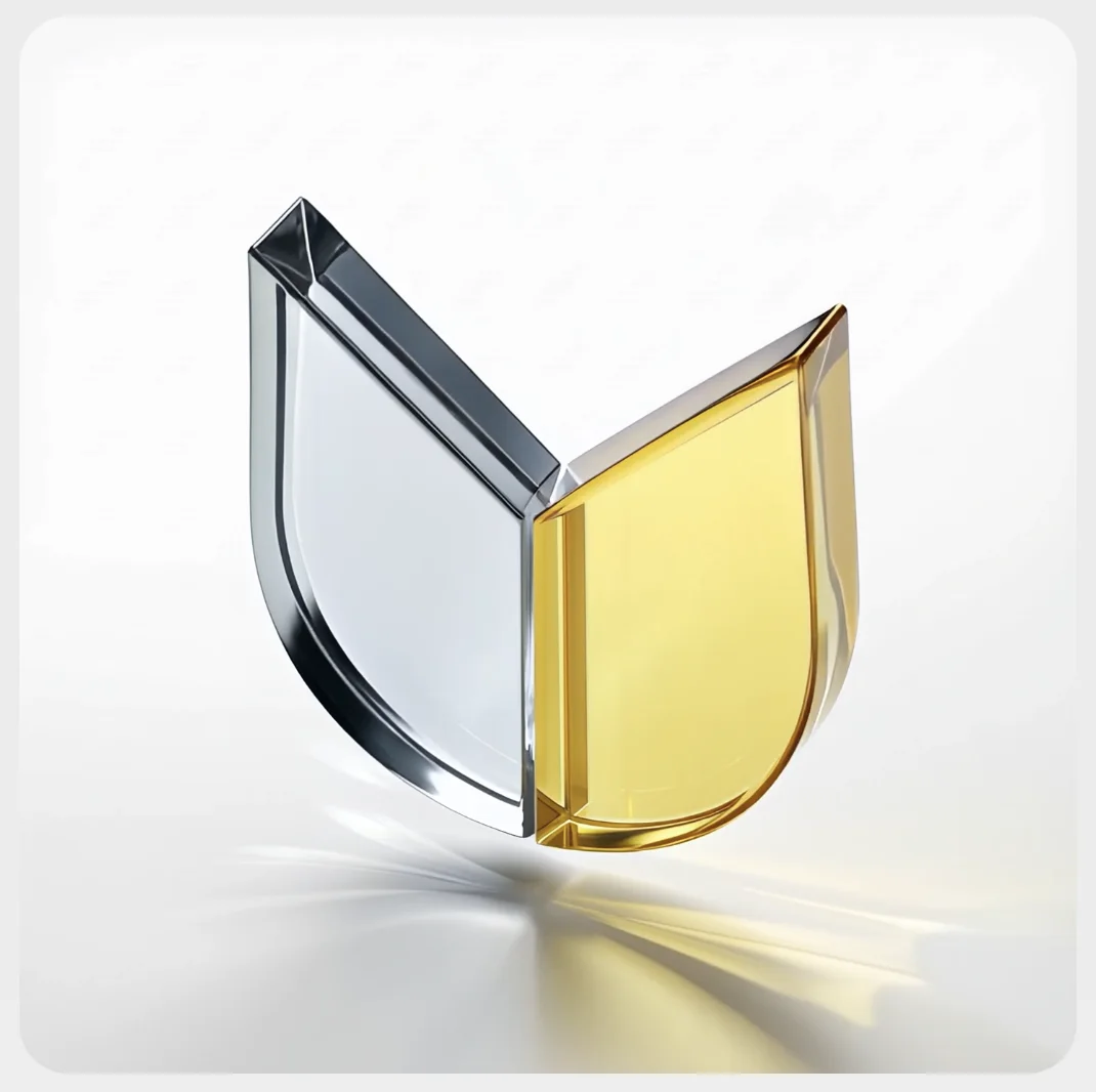 The Vantage logo mark in glass and gold